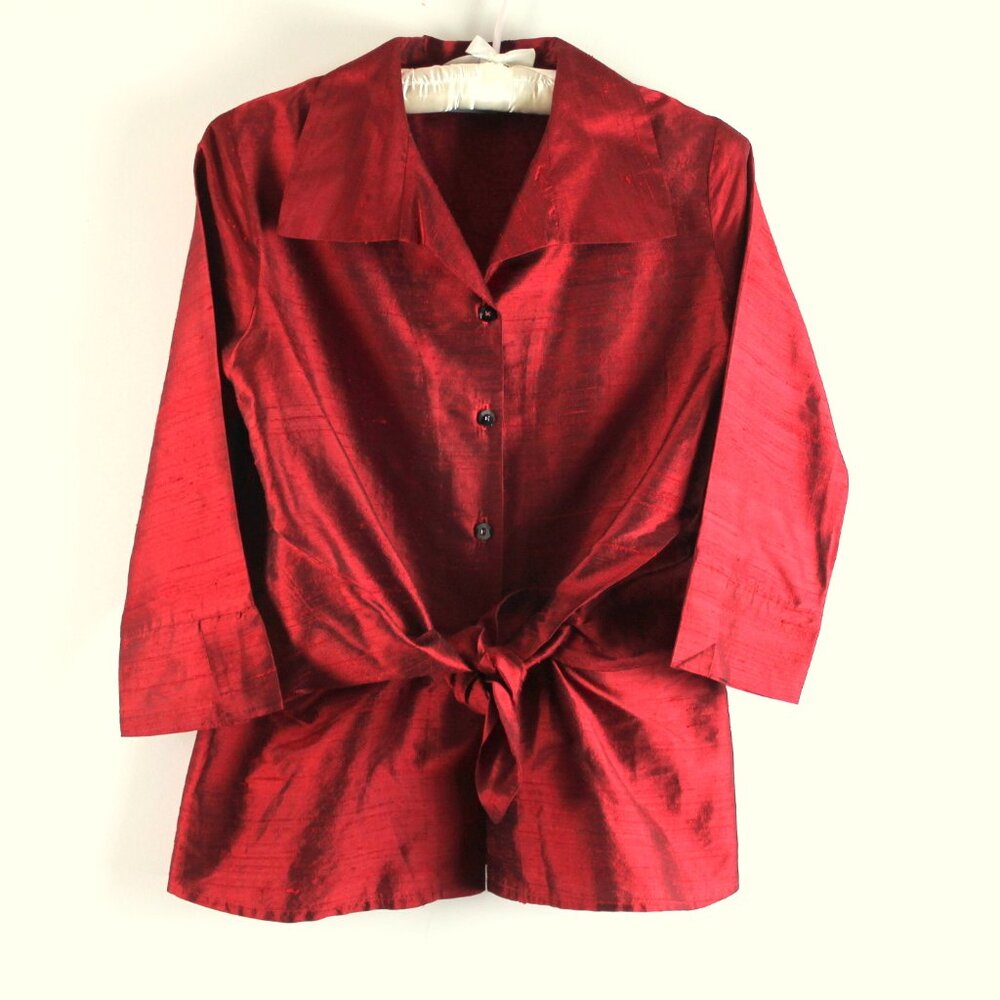 Niche Nilgun Dergun Silk Deep Red Tie Front Button Up Collared Blouse Top S